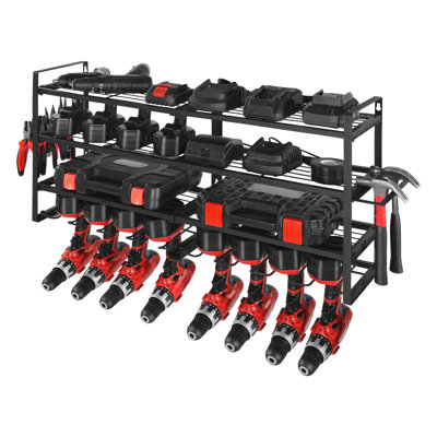Power Tool Organizer Wall Mount 16.54" H x 36.56" W x 7.87" D Carbon Steel 1 Piece Tool Storage Rack Black 4-Layer 8 Drill Holders Holds 100+ Tools