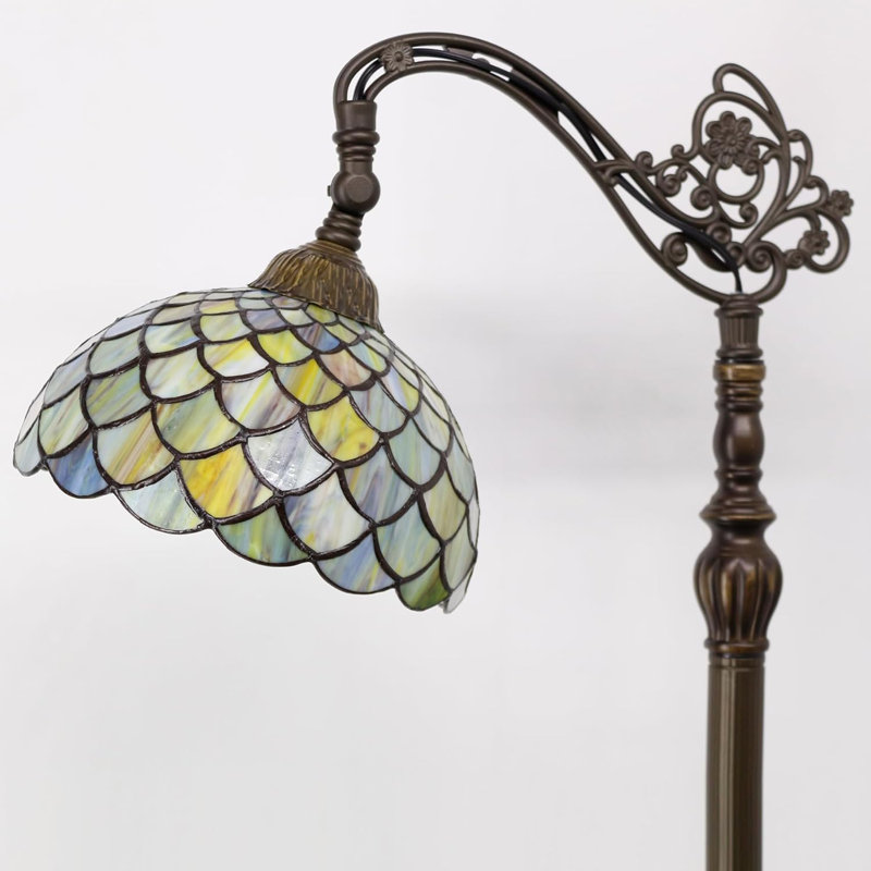 Tiffany Style Floor Lamp With Stained Glass Shade, Adjustable Angle, Bronze Resin Base, E26 Bulb Compatible, UL Listed Footswitch