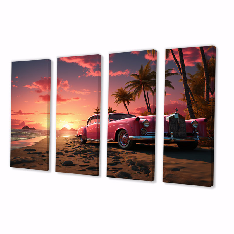 Ensemble de 4 décorations murales roses sur une plage au coucher du soleil I - Car Old American, H 32 po x l 64 po