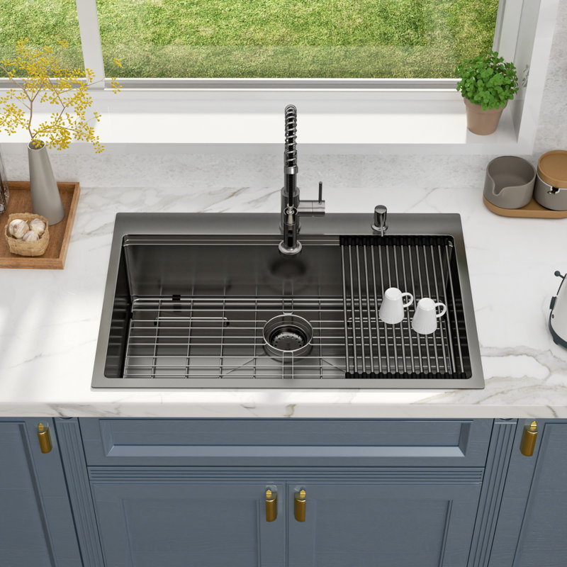 Évier de cuisine encastrable 36 po L 36 po à cuve simple en acier inoxydable de calibre 16 avec robinet rétractable et distributeur de savon