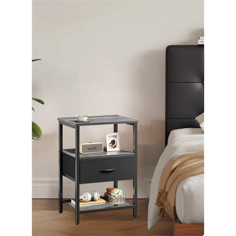 Modern Nightstand With Fabric Drawer & Mesh Shelf – Versatile Bedside Table For Any Space, Grey/Black