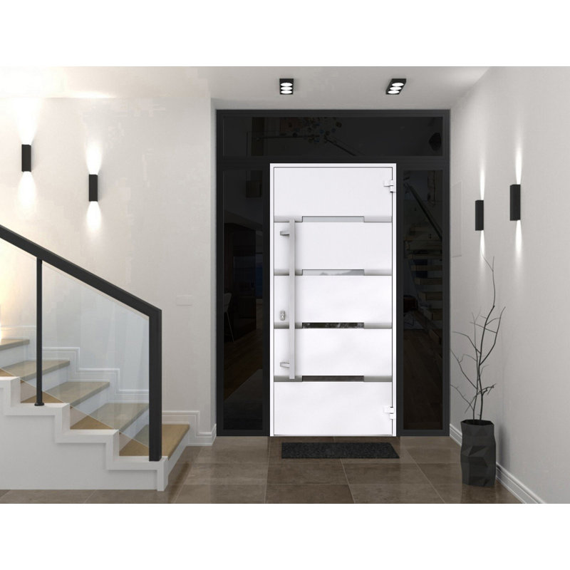 Porte avant en acier pré-suspendue à l'avant / deux portes en émail noir 1105/2 portes latérales et latérales supérieures en acier inoxydable / porte d'entrée en métal peinte de style moderne W12 + 36 + 12 "x H80 + 16" à gauche