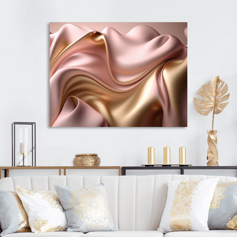 Luscious liquide or en rose discret et taupe II - abstrait mural encre liquide en métal, H 12 po x l 20 po x P 1 po