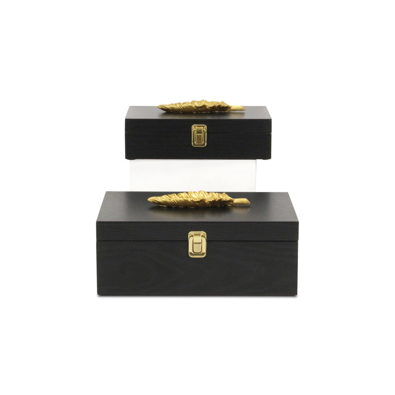 Canorus Rectangular Box Set with Gold Resin Feather - Black