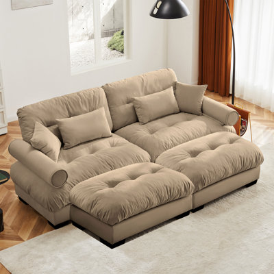 Canapé 2 places surdimensionné contemporain avec repose-pieds, revêtement en velours, accoudoirs ronds avec traversin, coussins décoratifs pour la taille d'une chambre ou d'un loft