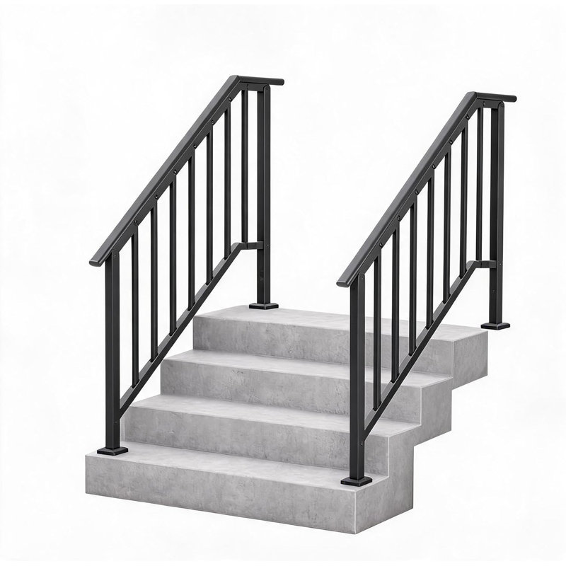 Rampe d'escalier ajustable en fer forgé avec balustres - Ensemble de rampe en acier durable pour 3 à 4 marches extérieures - Installation facile - pour les escaliers de porche, de terrasse, de béton ou de bois - Noir
