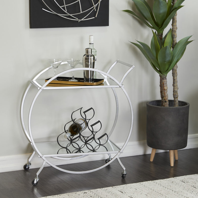  Bray Gold Metal Rolling Round 2 Mirrored Shelf Bar Cart with Top Handle, Silver