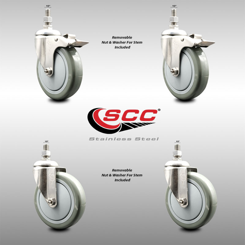 316SS Polyurethane Threaded Stem Caster Set 2 Lock Brake SCC