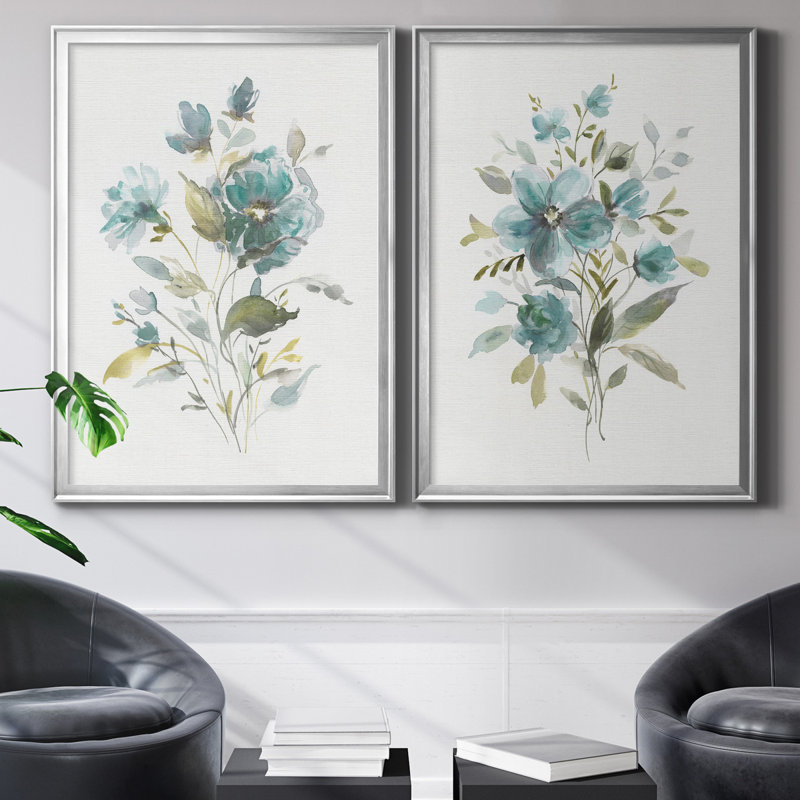 Linen Botanical I - Ensemble de 2 reproductions d'art, Pas de tapis, Toile avec cadre argenté, H 18,5 po x l 49 po x P 1,5 po