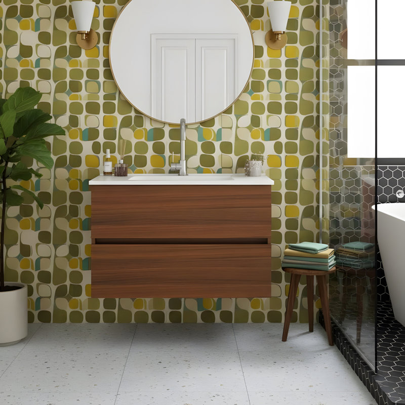 Meuble-lavabo mural de 32 pouces avec deux tiroirs et lavabo en céramique, Noyer