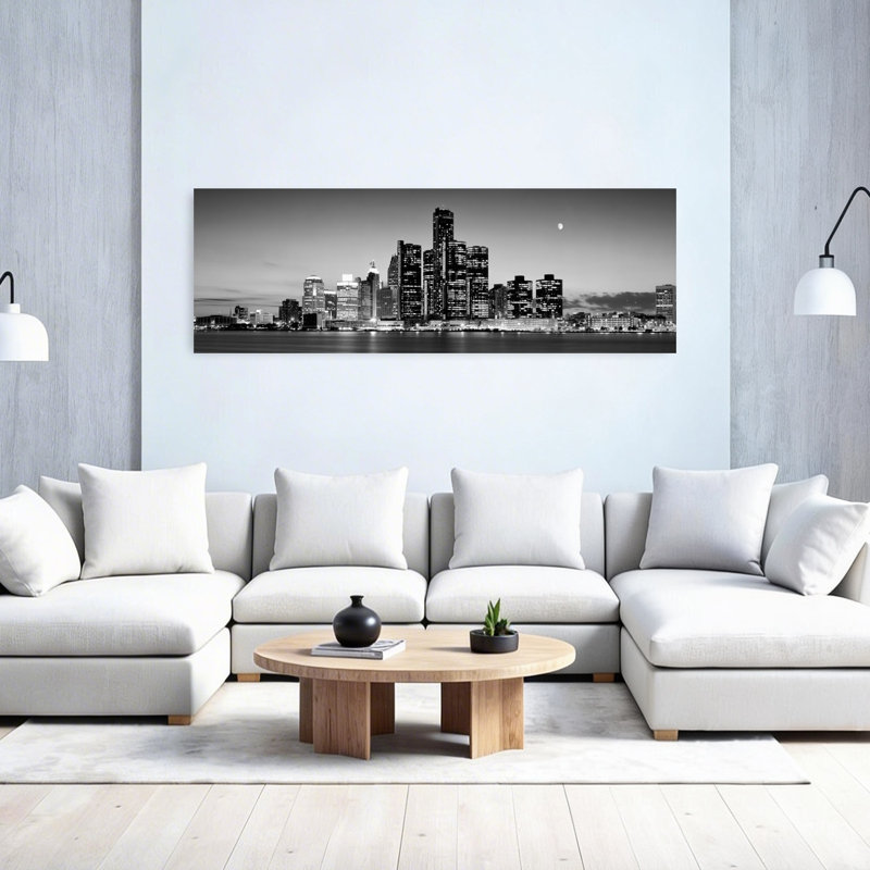 Buildings at the waterfront River Detroit Detroit Michigan USA 1 Piece Wrapped Canvas Panoramic Wall Art