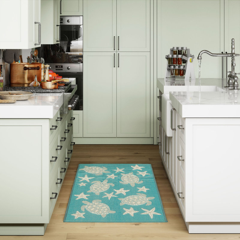 Monchat No Pattern And Not Solid Color Synthetic Non-Skid Kitchen Mat, Aqua, Rectangle 2' x 2'10"