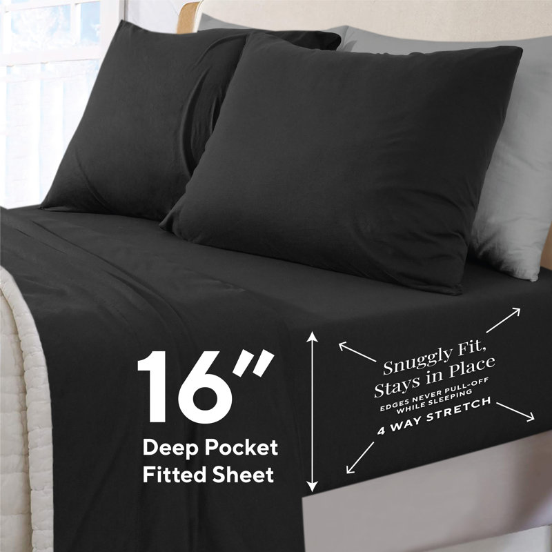 Ensemble de draps en jersey grand respirant en jersey 4 pièces | Toutes saisons, noir, Grand, Noir