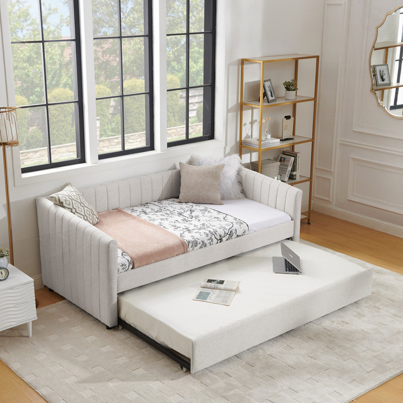 Daybed with trundle - upholstered sofa bed, vertical stripes, linen fabric, Beige, Twin