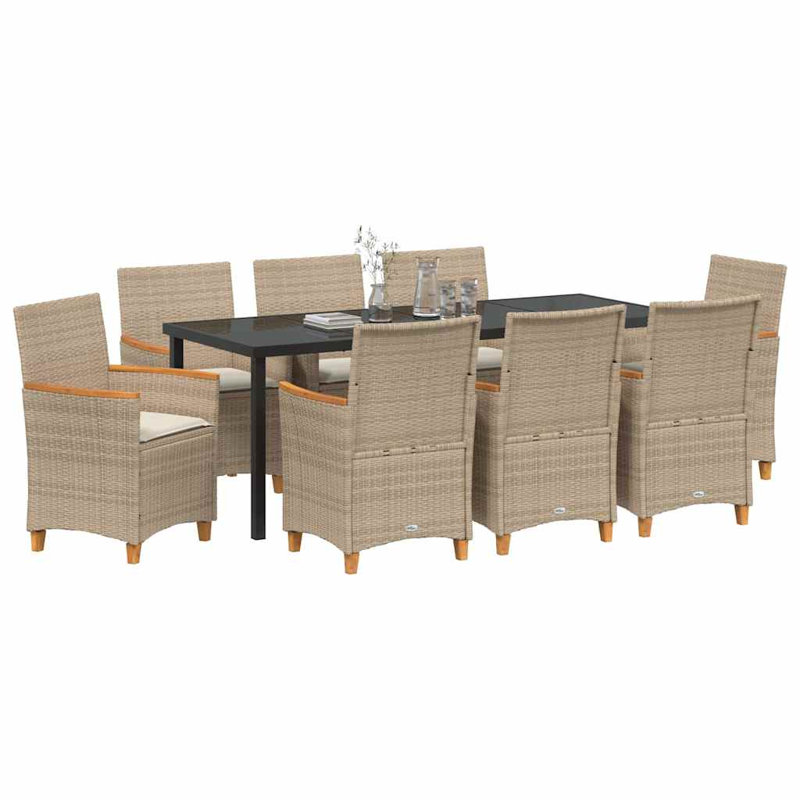  Ensemble de salle à manger de jardin 9 pièces en poly rotin beige, Cream White Cushion/Beige Frame