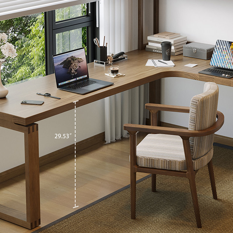 Bureau en bois massif en L noyer clair, Retour à droite, H 74,8 po x l 70,87 po x P 47,24 po