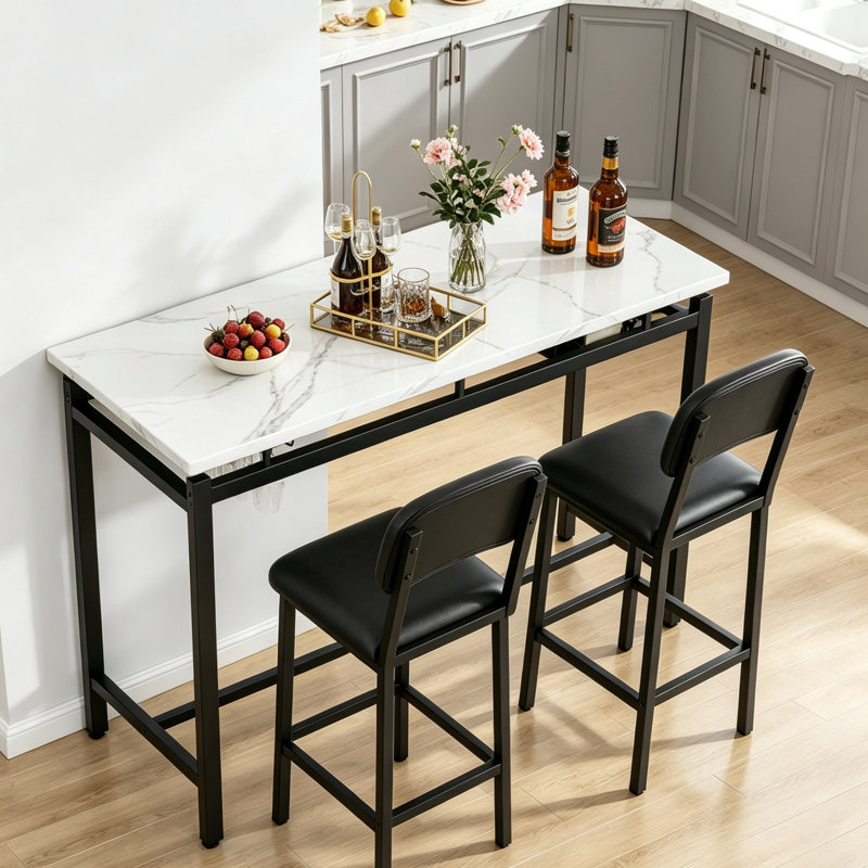 Ensemble de table de salle à manger 3 pièces avec 2 chaises, plateau en faux marbre et cadre en acier, coin-repas pour petits appartements, studios et coins-repas