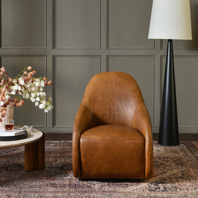 Fauteuil demi-tonneau pivotant en cuir véritable l 30,7 po, Brun