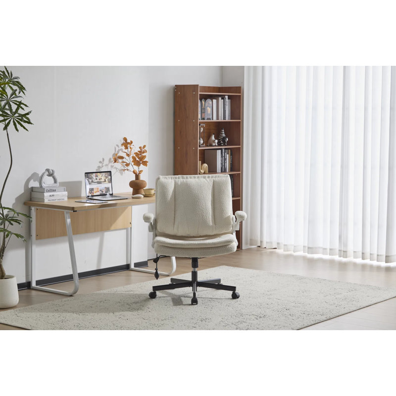 Leather Swivel Office Chair With Flip-up Armrests & Criss-cross Seat, Ergonomic Wide Seat Desk Chair With Wheels – Adjustable Rolling Chair For Home Office, Vanity, And Lounge