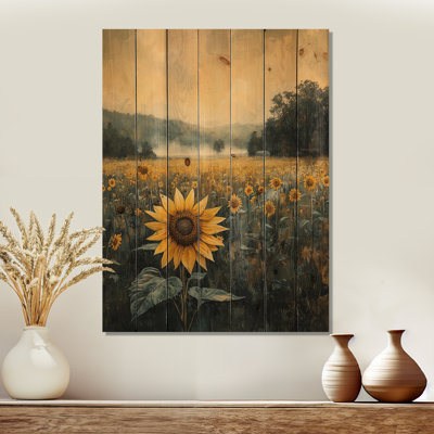 Sunflowers On A Foggy Farm - Sunflowers Wood Wall Decor - On Natural Pine Wood
