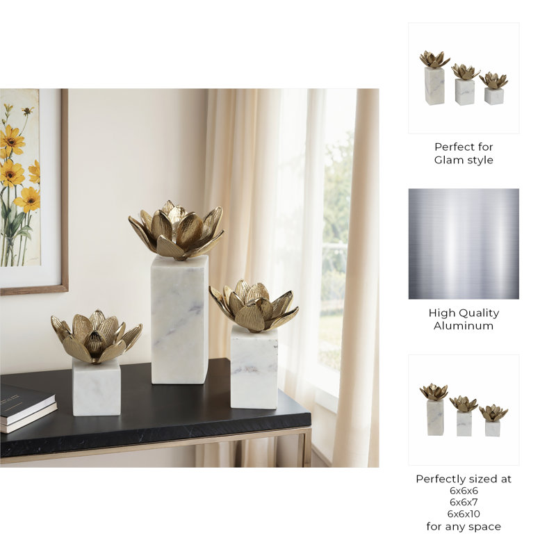 Sagebrook Home 3-Pieces Darby Flower Statuary With Marb, Gold/White