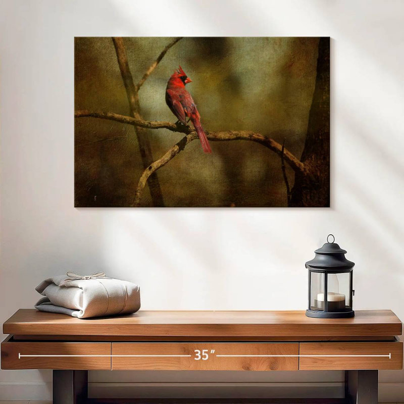 Cardinal Brampt sur une branche, H 16 po x l 24 po