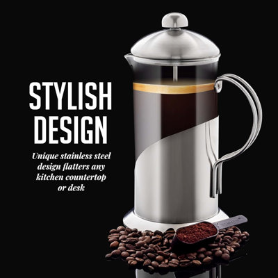 OVENTE French Press Coffee Maker 20 Ounce with Heat Resistant Borosilicate Glass, Stainless Steel Design and 4-Level Filter System, Portable Cold Brewer Pot for Travel, Camping or Gift, Silver FSL20S