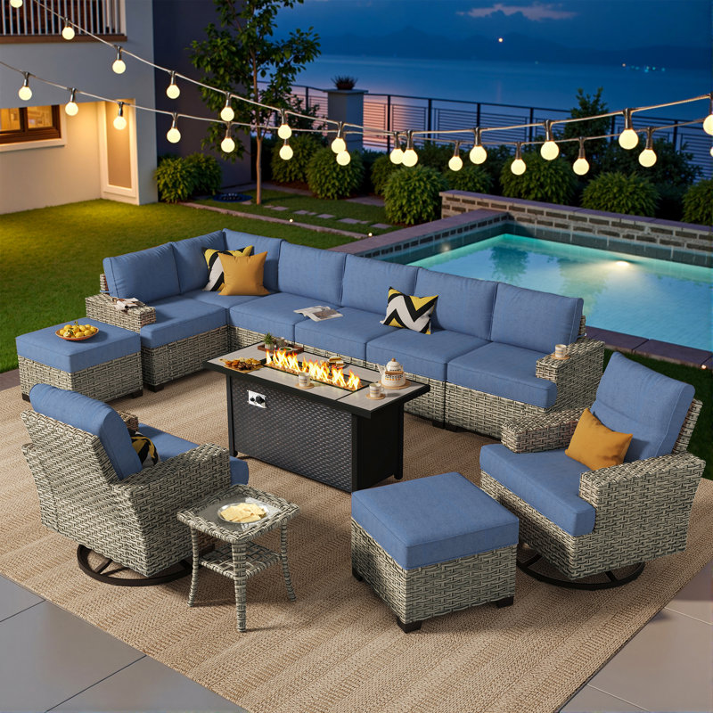 Tommy Wicker 10-Person Modular Outdoor Sectional Seating Group With Swivel Chairs And Cushions, Patio Conversation Set With Fire Pit Table