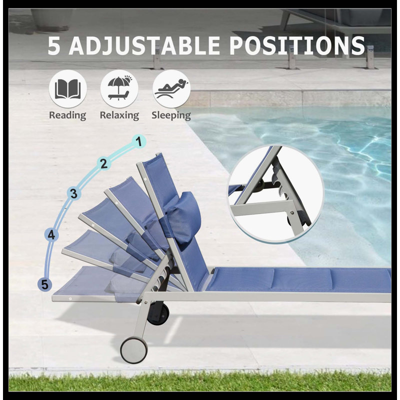 Outdoor Patio Chaise Lounge Set Of 3, Rust-Proof Aluminum Pool Lounge Chairs With Side Table & Easy-Roll Wheels, PVC-coated polyester Padded Adjustable Recliners With All-Weather Performance For Poolside, Beach, Yard & Balcony (Navy Blue)