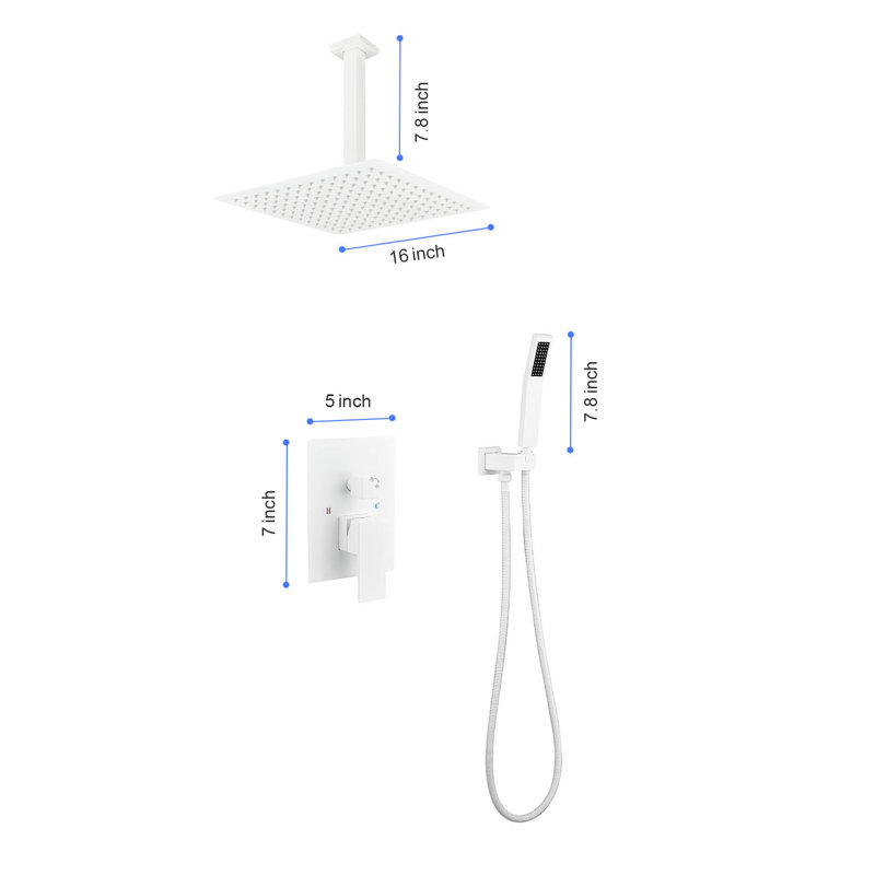 Ceiling Mounted 16" Shower Configuration - Air Injection Delivers Wonderful Bath, Brass & Sus304 Stainless, White Bath Shower, With Head, Hand 59" Hose, Bracket, Valve Mounting Accessory Kit Head