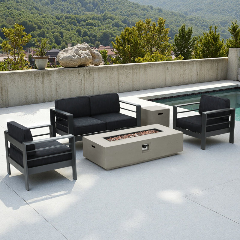 Caggiano 4 - Person Patio Conversation Set with Cushions, Dark Gray Cushion/Gray Frame + Light Gray Firepit