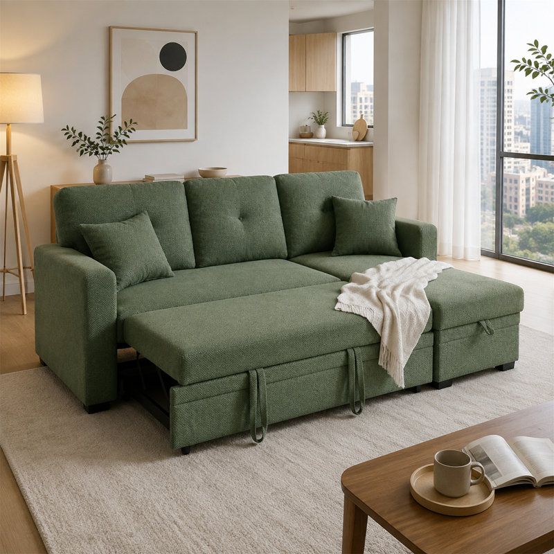 Canapé-lit modulaire convertible en L vert foncé avec lit escamotable en L et méridienne réversible, Vert foncé