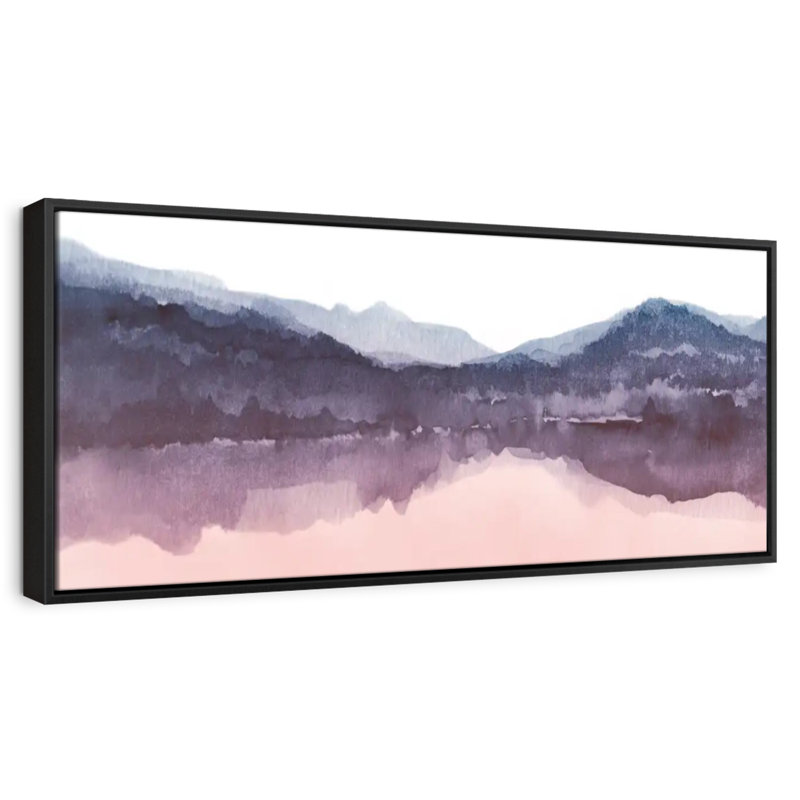 Aquarelle paysage IV rosé indigo III, Cadre flottant noir, 37 po x 13 po
