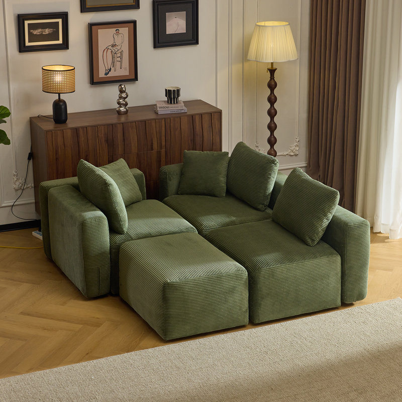 110''W Corduroy Modern  Compressed Block Couch With Plush Cushions, Green