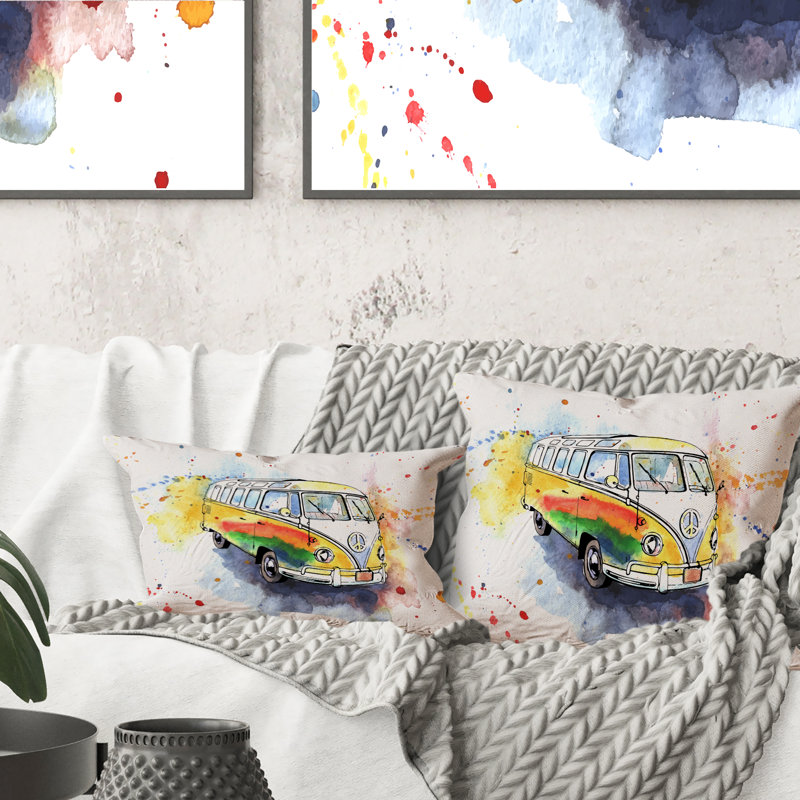 Retro Grungy Hippy Bus - Coussin décoratif imprimé industriel, 18 po x 18 po