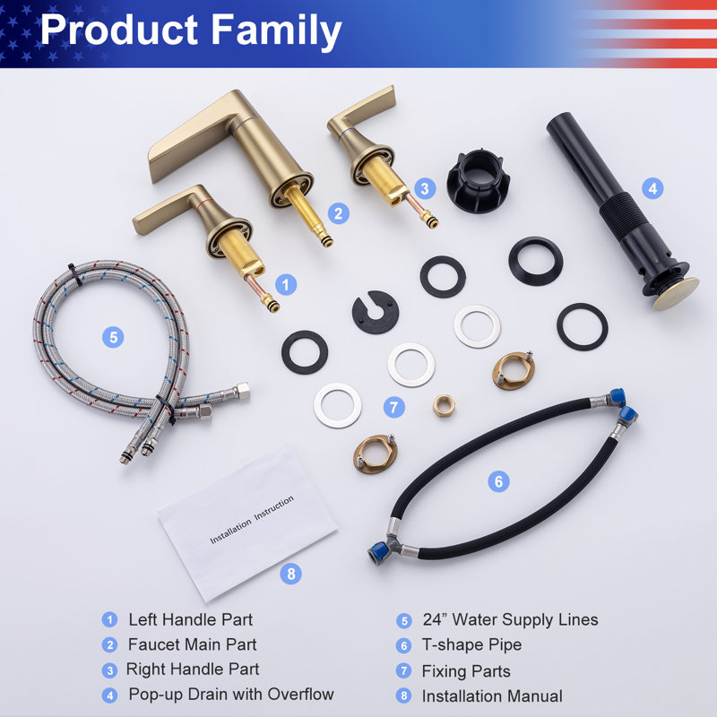 2-handle Bathroom Faucet with Drain Assembly, Brushed Gold
