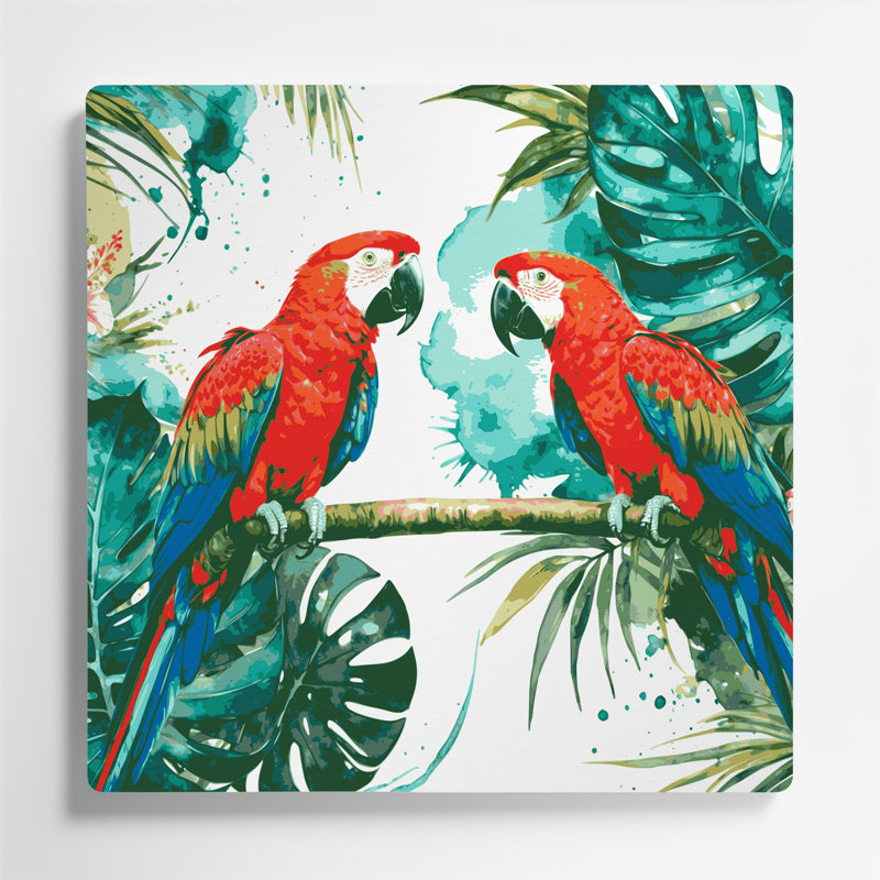 Art mural en métal hawaïen, vert perroquets, H 16 po x l 16 po