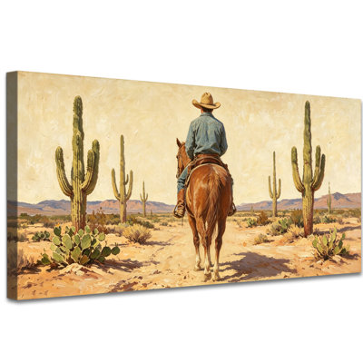 Vintage Western Cowboy Wall Art, Neutral Southwestern Landscape Painting Canvas Wall Decor for Living Room Bedroom, Rustic Farmhouse Gallery Wrapped Artwork Ready to Hang 20x40 Inches
