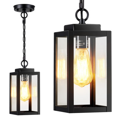 Luminaires suspendus d'extérieur pour porche, lustre extérieur moderne à lanterne suspendue 11 po, plafonnier d'extérieur noir avec verre transparent, luminaire suspendu d'extérieur pour porche, cour, 1 paquet