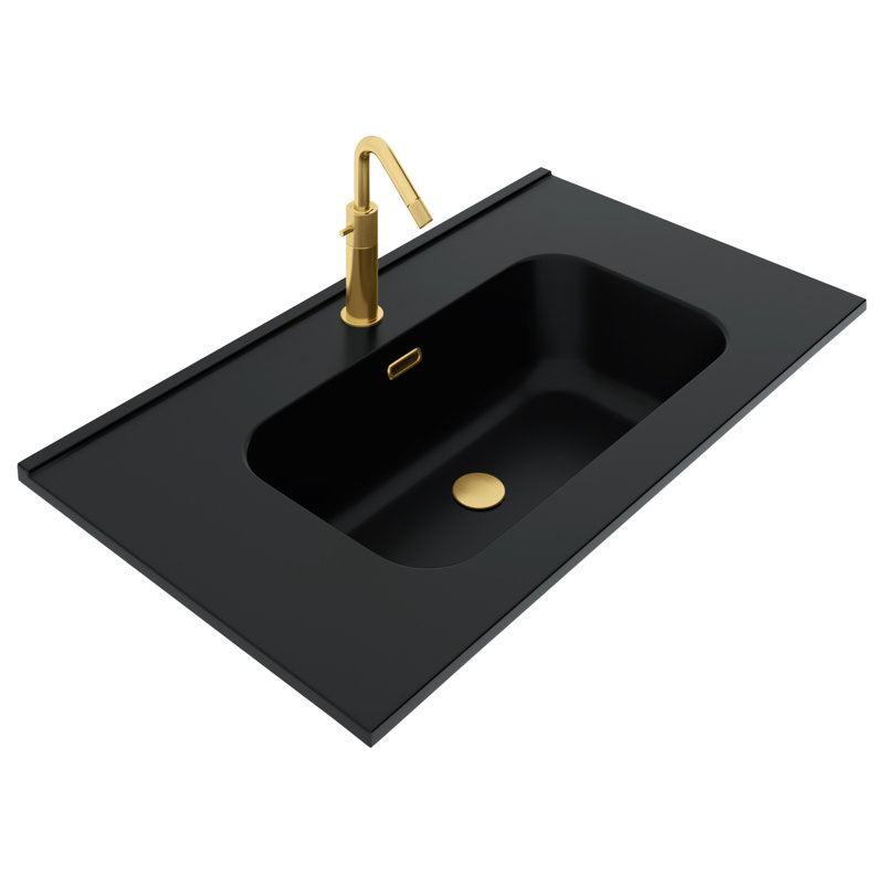 Kora Geo 24" Fluted Wall-Mounted Single Bathroom Vanity with Integrated Ceramic Top & Handles, Gold, 32"
