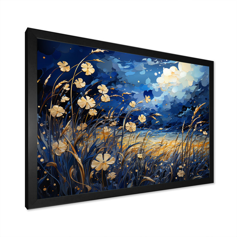 Coquelicots bleu marine - prairie, art mural, Cadre simple noir, H 24 po x l 32 po x P 1 po