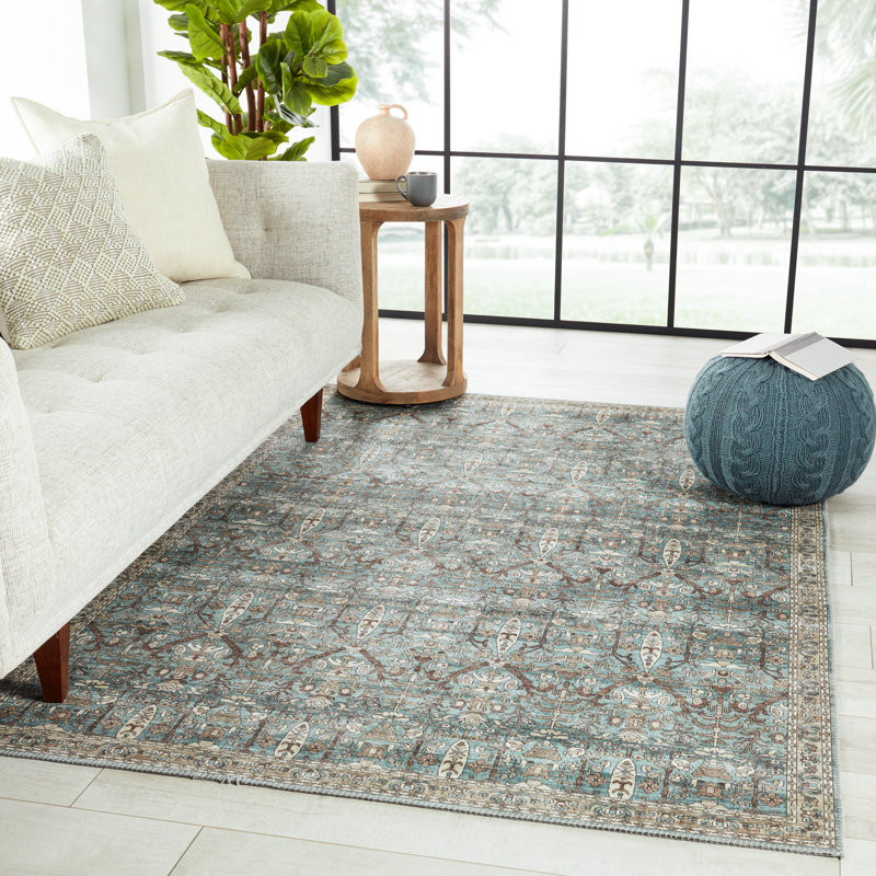 Ivory and Green Rectangular Polyester Area Rug, 9' x 12'