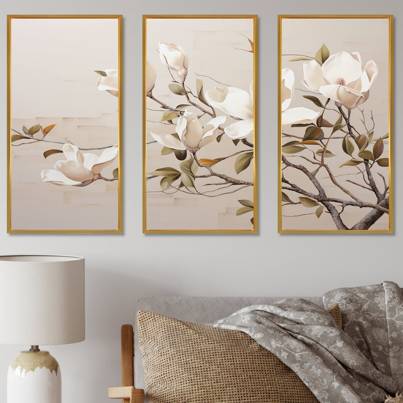 Ensemble d'art sur toile Magnolias II - Magnolias, Cadre flottant doré, H 32 po x l 48 po x P 1 po