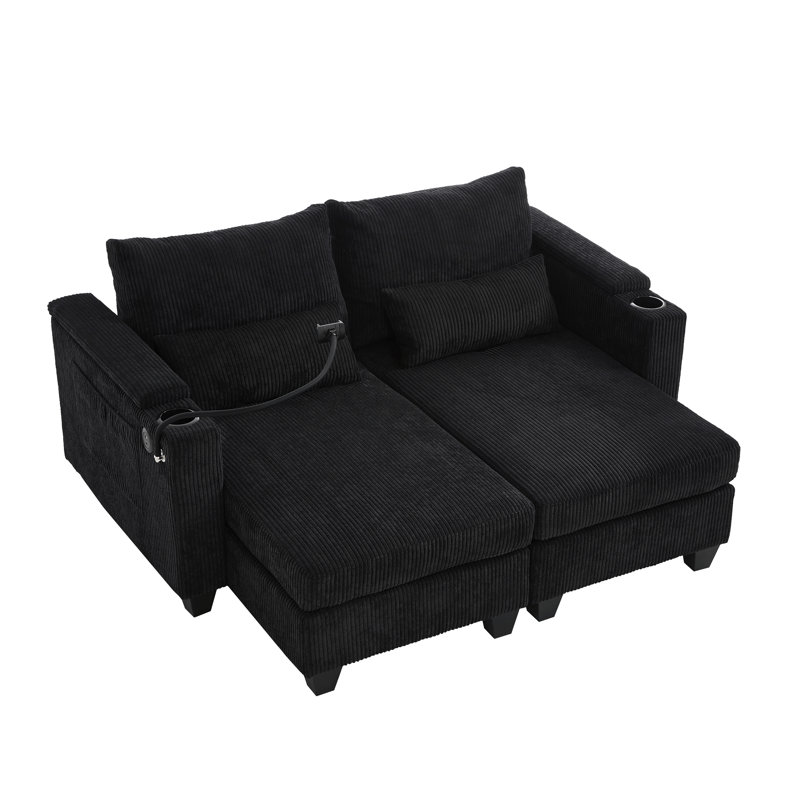 Canapé-lit convertible avec méridienne de 63 po et canapé-lit en velours côtelé avec ports USB, deux porte-gobelets, un porte-téléphone et un grand espace de rangement