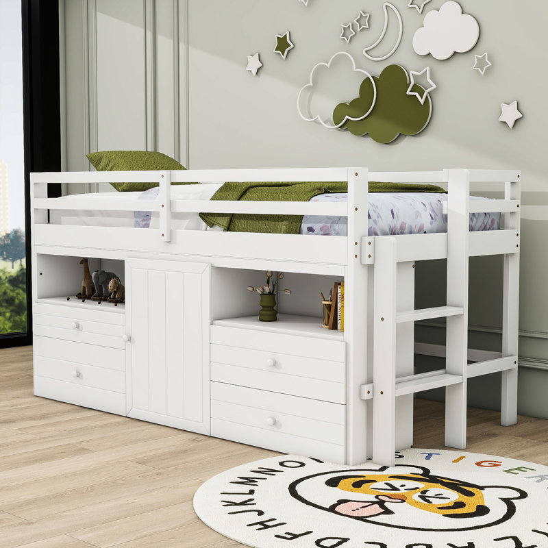 Jeani Kids Bed with Drawers and Shelves, White