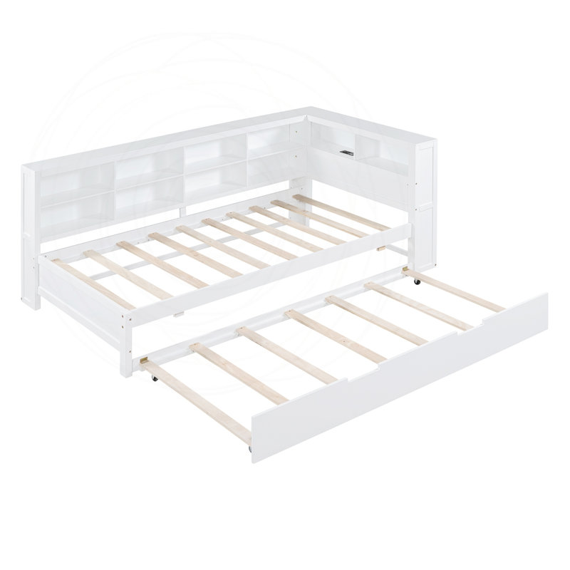 Lit de jour en bois avec couchette, rangement et chargement USB, Lit simple, White
