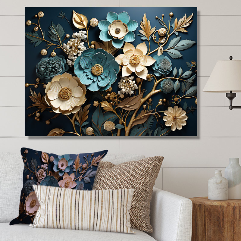 Bleu et or, charmante fleur printanière élégance I - Fleurs, art mural, Toile tendue, H 16 po x l 32 po x P 1 po