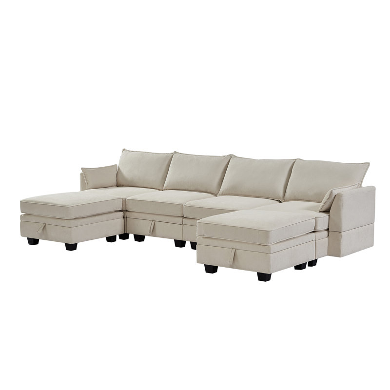 Canapé-lit modulaire en U Martta, canapé-lit convertible avec méridienne réversible, 100 % lin beige