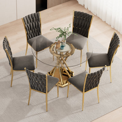 Ensemble de table de salle à manger 47,2 "en verre pour 6 personnes, ensemble de table de cuisine moderne 7 pièces avec base en métal doré et chaises
