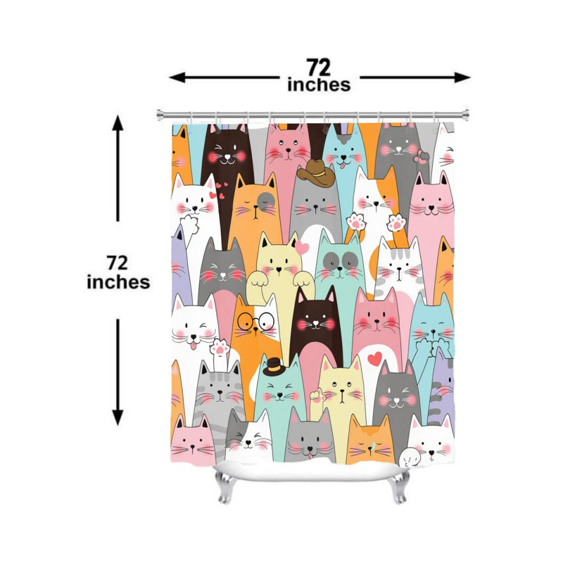 Rideau de douche à motifs de chats de dessin animé 72 x 72 pouces (183 x 183 cm) pour salle de bain